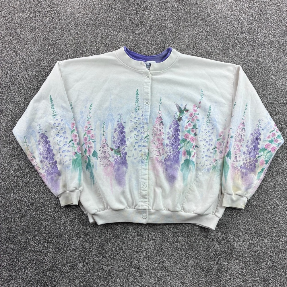 Vintage Artisans Designs Sweatshirt Womens 2XL White Floral Hummingbird Cardigan